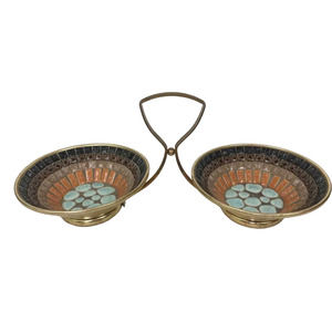 Mosaic Tile Double Bowl Dish Stand Gold Metal Backing Styson Art Products Japan